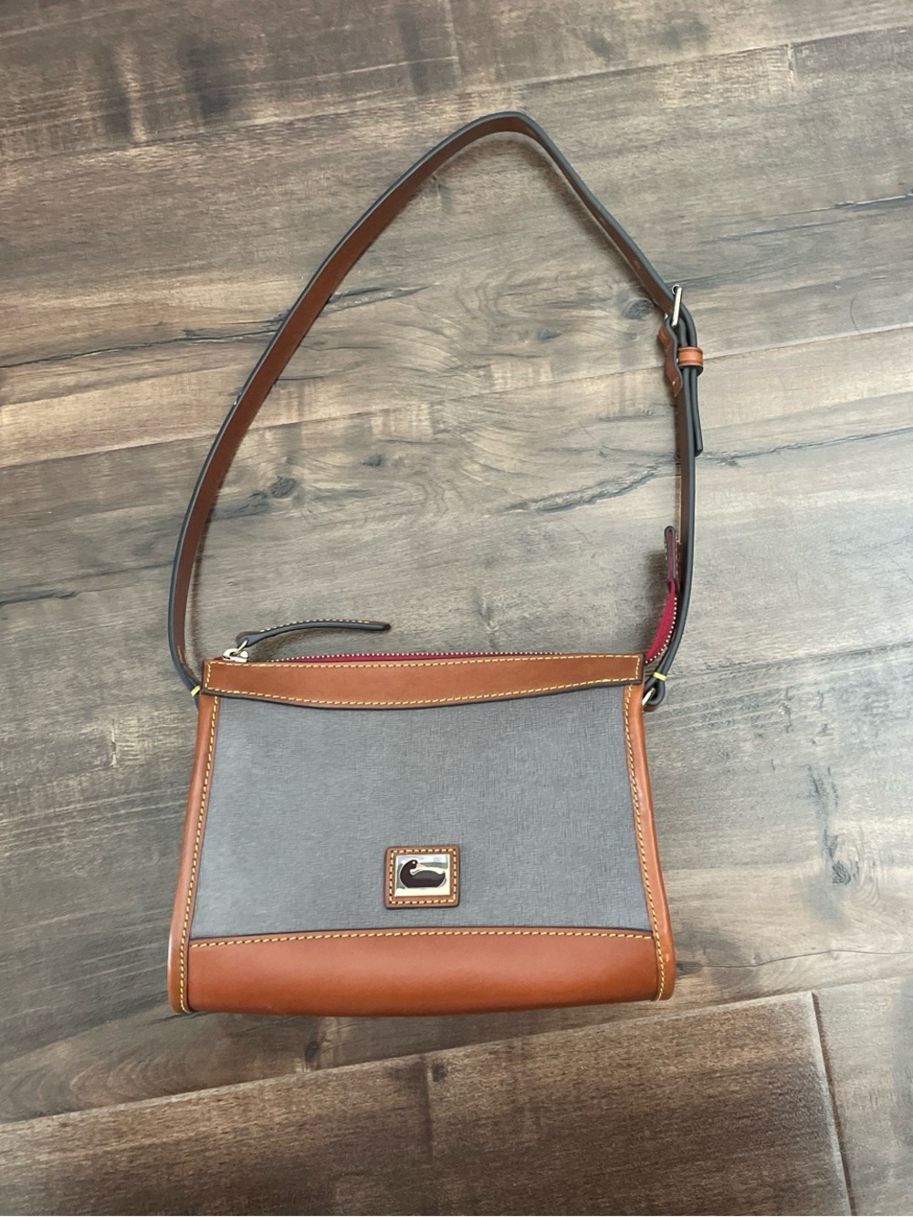 Dooney & Bourke Gray Canvas Crossbody with Brown Leather Trim and Red Interior